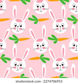 Bunny baby rabbit pattern design with bunny heads and carrots - funny hand drawn doodle, seamless pattern. Lettering poster or t-shirt Happy Easter design. Wallpaper, wrapping paper, background.