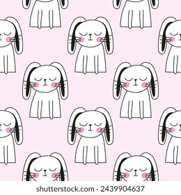 Bunny baby rabbit pattern design with bunny heads and carrots - funny hand drawn doodle, seamless pattern. Lettering poster or t-shirt Happy Easter design. Wallpaper, wrapping paper, background.