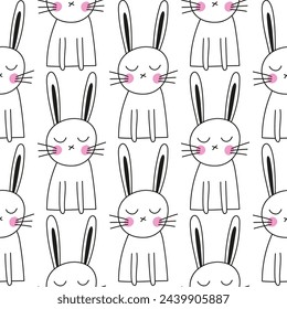 Bunny baby rabbit pattern design with bunny heads and carrots - funny hand drawn doodle, seamless pattern. Lettering poster or t-shirt Happy Easter design. Wallpaper, wrapping paper, background.