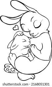 Bunny With Baby Tatoo Design, Family Tatoo Idea, Rabbit Tatoo, Mom And Child Illustration, Line Art 