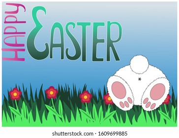 Bunny back with fluffy ponytail in grass and flowers.