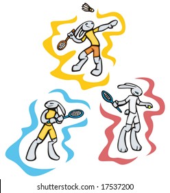 Bunny badminton and tennis, vector. Great for t-shirt designs, mascot logos and other designs. Vinyl-ready.