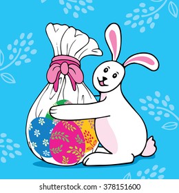 bunny with  bag of decorated Easter eggs, vector illustration