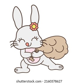 Bunny with a bag of Easter eggs. Cute little illustration of rabbit for kids, baby book, fairy tales, covers, baby shower invitation, textile t-shirt. Vector illustration of a cute animal.