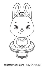 Bunny Ballerina Coloring Page. Black and white cartoon illustration