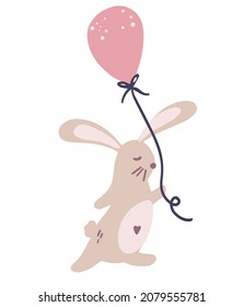 Bunny with a balloon. Animal character. Perfect for printing baby textiles, clothing Vector cartoon cute characters in  childish hand drawn scandinavian style.