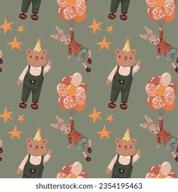 bunny in balloons, teddy bear and stars on a green background. kids vector pattern. knitted toys, stylization. design of printed products on fabric, paper.
