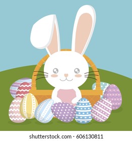 bunny with basket with easter eggs. happy easter concept. colorful design. vector illustration
