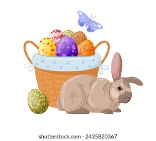 Bunny with basket of Easter eggs. Spring Easter cute rabbit and painted chicken eggs flat vector illustration. Spring Easter egg hunt game symbols
