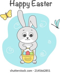 Bunny with basket with eggs, illustration, vector, spring