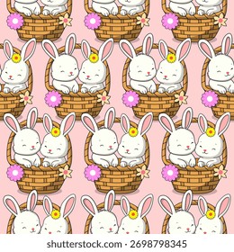 Bunny in basket Infinite pattern background on bright pink background, Abstract background Seamless Pattern