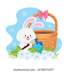 bunny with basket wicker and egg easter vector illustration design
