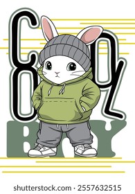 Bunny with Beanie and Green Hoodie, vector illustration