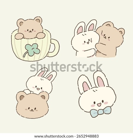 Bunny and Bear Friendship Character Set, Hugging Bunny and Bear, Cute Animal Themes,
