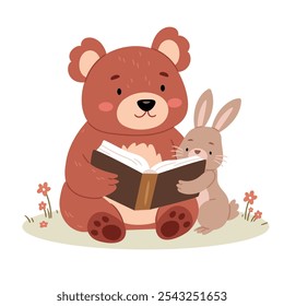 Conejo y oso están sentados en el césped y leyendo un libro. Animales lindos leyendo cuentos literatura, aprendizaje e ilustración de educación para niños