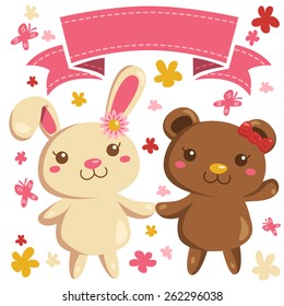 Bunny and bear vector in cute cartoon style with girls friendship theme. With a title banner, flowers and butterflies in pinkish color.