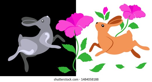 Bunny with beautiful flowers on a black background. Set for cards for Easter. Rabbit with flower_