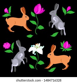 Bunny with beautiful flowers on a black background. Set for cards for Easter. Rabbit with flower