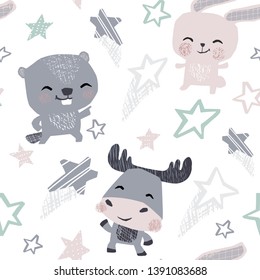 Bunny, beaver moose, baby dance seamless pattern. Sweet animals listen to music. Disco retro party. Cool animal illustration for nursery t-shirt, kids apparel, baby print, birthday party invitation