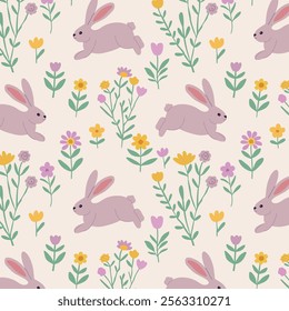 Bunny between wildflowers seamless pattern. Rabbit hopping in flowers spring field. Easter bunny floral pattern. Seamless pattern print, repeat background. Bunny pattern print, fabric design for kids.