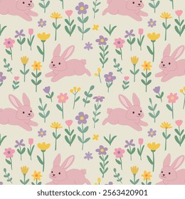 Bunny between wildflowers seamless pattern. Rabbit hopping in flowers spring field. Easter bunny floral pattern. Seamless pattern print, repeat background. Bunny pattern print, fabric design for kids.