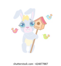 Bunny With The Bird House Illustration In Cute Girly Cartoon Style Isolated On White Background