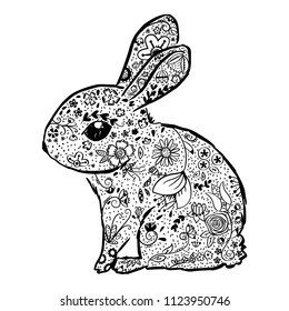 Bunny, Black and White Outline, Wild Flowers, freehand, tattoo, spring, illustration, summer, Easter, cute, rabbit, sketch, cartoon, unique, drawing, animal, leaf, decorative, coloring, Holiday