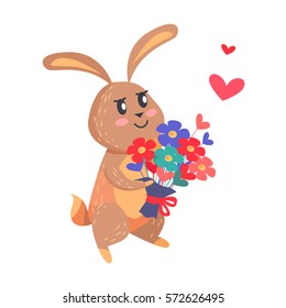 Bunny with bouquet of flowers isolated on white. Romantic hare wishes you love. Lovely rabbit with flowers. Cute cartoon post card design. Valentines day concept vector illustration in flat style