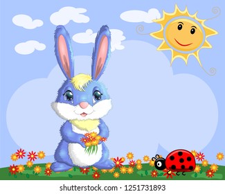 Bunny with a bouquet in a meadow near the rainbow. Spring, love, postcard