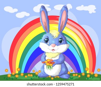 Bunny with a bouquet in a meadow near the rainbow. Spring, love, postcard