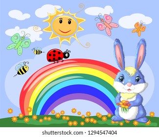 Bunny with a bouquet in a meadow near the rainbow. Spring, love, postcard