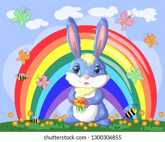 Bunny with a bouquet in a meadow near the rainbow. Spring, love, postcard