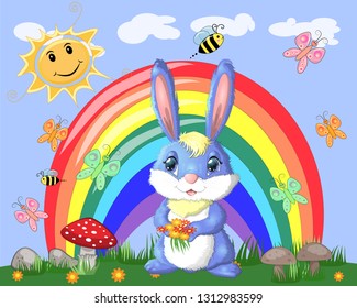 Bunny with a bouquet in a meadow near the rainbow. Spring, love, postcard