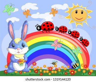 Bunny with a bouquet in a meadow near the rainbow. Spring, love, postcard