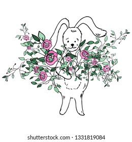 Bunny with bouquet. Vector illustration.