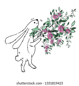 Bunny with bouquet. Vector illustration.