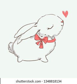 Bunny and bow. Hand drawn beautiful rabbit and heart, children's print for textiles and poster. vector illustration.