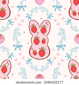 bunny with bow, vintage flowers, Vintage Retro Pink Seamless Pattern, Pink Vintage Coquette easter seamless file, Retro Pink easter seamless file, groovy Retro coquette Digital wallpaper background