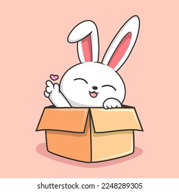 Bunny in the box Cartoon - Cute Rabbit with Love Hand Hiding in the Box