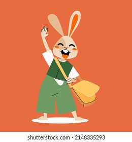 Chico conejo con bolsa. Carácter de conejo lindo aislado en el fondo rojo. Ilustración de dibujos animados planos vectoriales