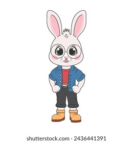 Bunny boy in blue shirt, dark pants and boots. Easter illustration. Cartoon animal character. Flat vector character isolated on transparent background.