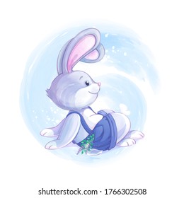 Bunny boy in blue shorts sits and looks at a butterfly. Children's cartoon character with watercolor textures.