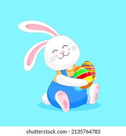 Bunny boy cartoon character with easter eggs. Cute cartoon for easter. Vector illustration.