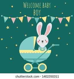 Bunny boy with flowers. Welcome baby. Cute card with little rabbit, vector characters set, poster for baby room, baby shower, greeting card, kids t-shirts and wear.  - Vector