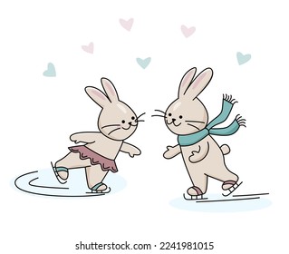 Bunny boy and bunny girl are ice skating. Vector color isolated illustration in outline style.