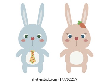 Bunny boy and bunny girl vector illustration cartoon isolated on white background. Cute rabbits vector cartoon.   