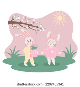 Bunny boy gives a bouquet of tulips in a packet to a bunny girl. Cute bunnies in love on the meadow. Spring greeting card. March 8 holiday. Bunny or hare - childish mascot 2023 symbol year.