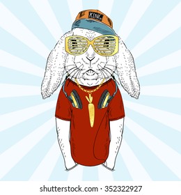 bunny boy with headphones dressed up in cap and t-shirt, furry art illustration