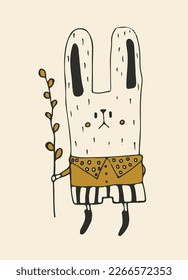 Bunny boy holding a twig. Doodle. Cute easter bunny isolated on white background. Traditional element. Happy easter. Vector illustration.
