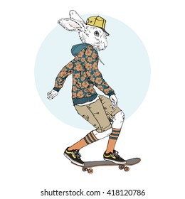 sonniger Junge, der auf einem Skateboard reitet, Illustration von Furry, Modetiere, aufgekleidete Tiere, hipster Tiere